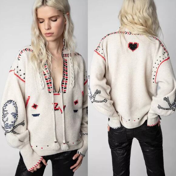 Zadig & Voltaire Défilé Amanda Embroidered Tie-Neck Merino Wool Cashmere Sweater - Picture 3 of 13